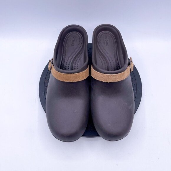 Crocs Brown Sarah Clog Womens 9 Heel Dual Comfort Mules Suede Leather Strap Shoe - Picture 2 of 9